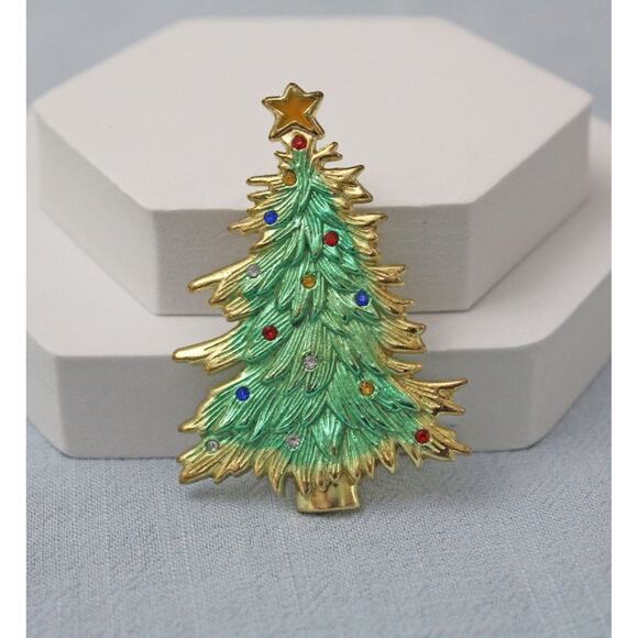 Gold Toned Christmas Tree Brooch Pin with Rhinestones VP18A - Picture 1 of 5